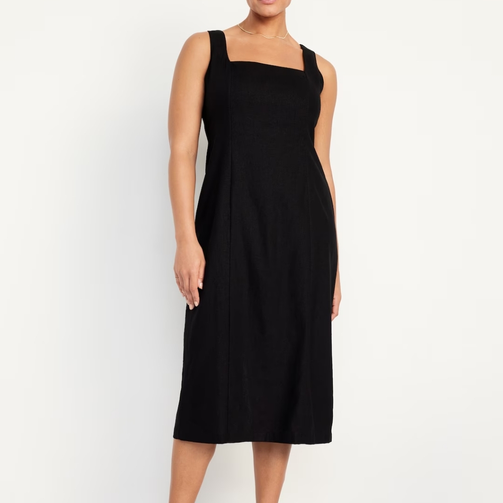 Old Navy linen black square neck midi dress